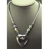 Glass Crystal Beads Hematite Open Heart Pendant Chain Choker Necklace